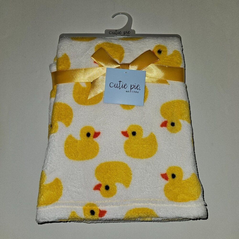 NEW Cutie Pie Yellow Duck White Fleece Baby Blanket Lovey 30" x 36" Rubber Ducky